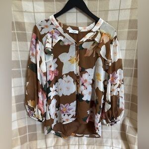 Calvin Klein brown, White and Pink Puff Sleeve Blouse